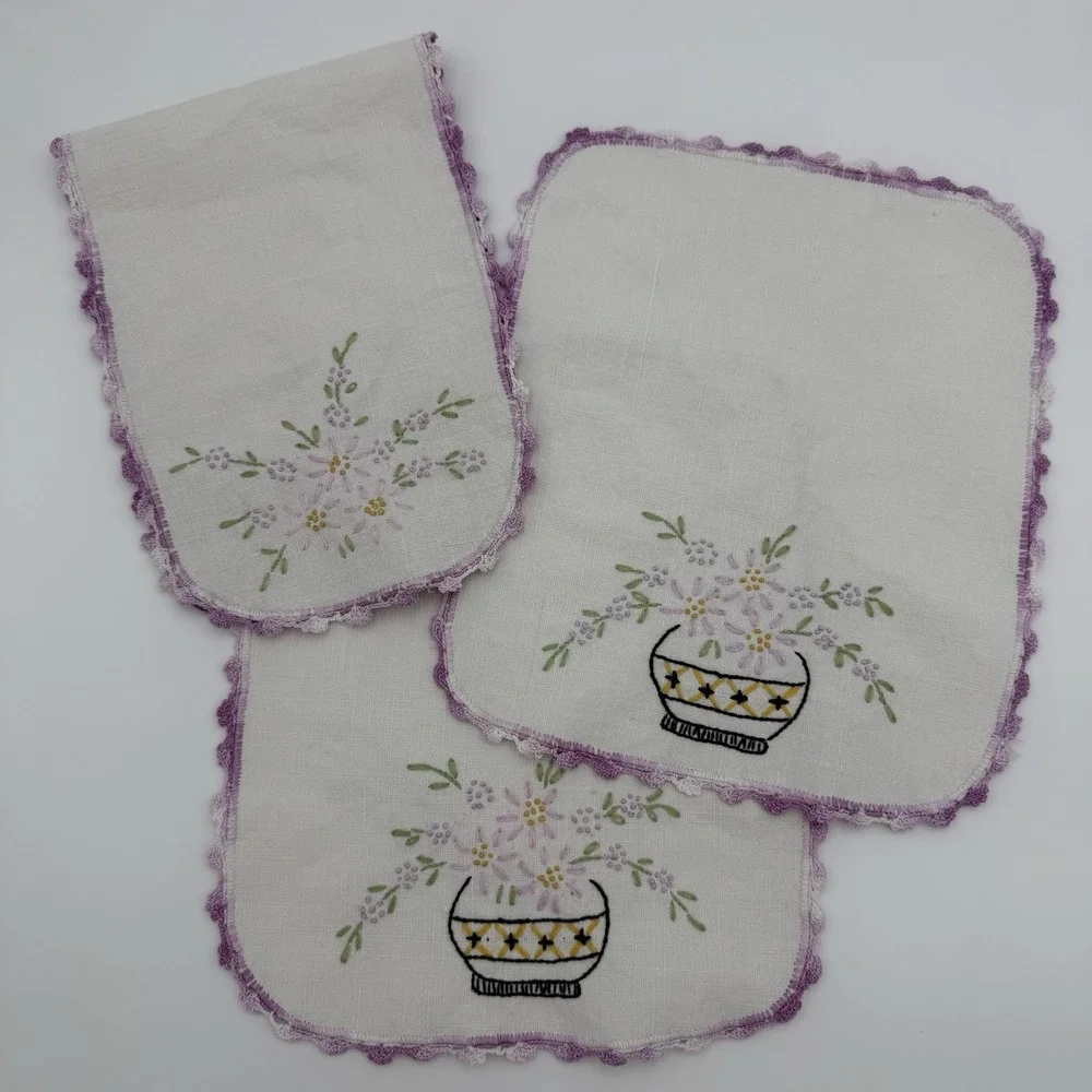 Antique 3 Piece Embroidered Linen Armchair Set‎ Textiles Antimacassar Lavender